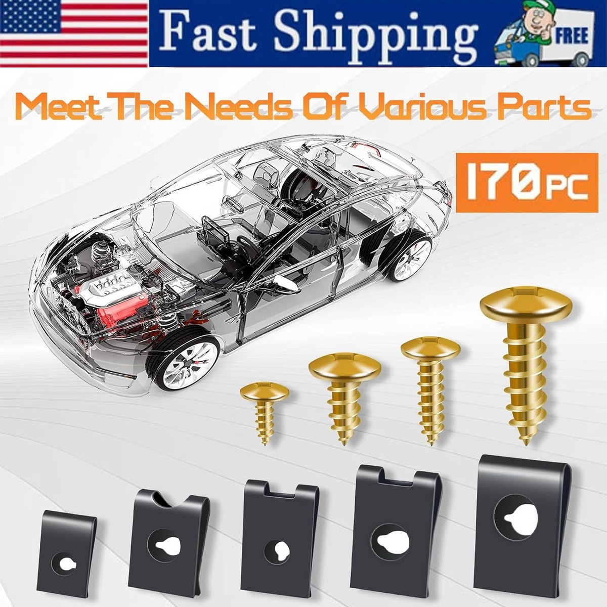 Clip a U per Auto Dado, 170 Pezzi Kit Assortimento Vite per Autoveicoli e Auto U-Clips Viti Inox Clips Auto, Clip Fissaggio Auto per Carrozzeria Panel