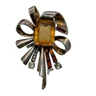 Topaz Amber Glass Sterling Fur Clip Mazer? Vintage Silver Bow Brooch Rhinestones