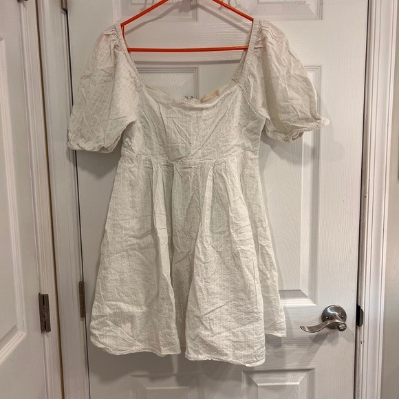 Altard State White Textured Puff Sleeve Square Neck Mini Dress