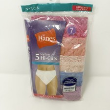 Hanes Nylon Hi-Cut Briefs Lace Waist Cotton Liner Tagless 5 Pack Womens Sz 7