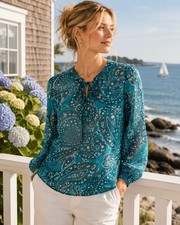 Banana Republic Petite XS Teal Paisley Sheer Tie Neck Long Sleeve Blouse NEW