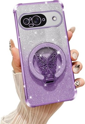 Google Pixel 9 Case with Butterfly Stand, Bling Luxury Glitter Clear Cover, Purp