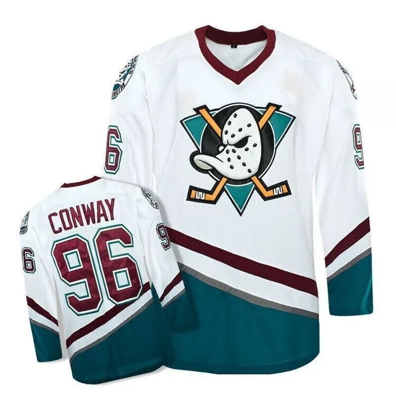 The Mighty Ducks Movie Ice Hockey Jersey 96# Conway Stitched White Long Sleeve