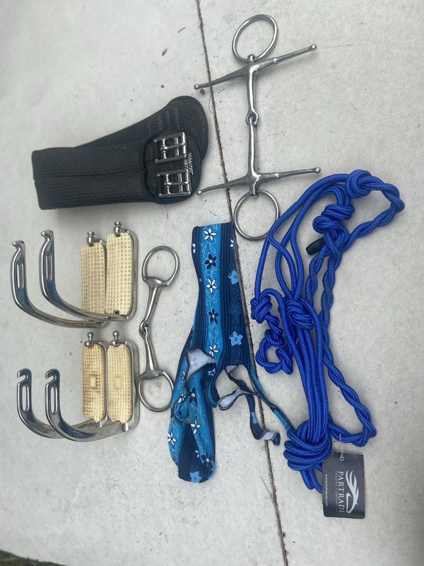 Tack Lot English Headstall Girth Rope Halter Irons New & Used