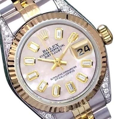 Rolex Datejust Two-Tone Gold Steel Pink Mother of Pearl Diamond Baguette Watch