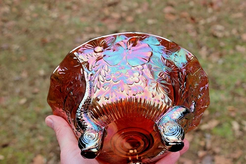 ANTIQUE SOWERBY DIVING DOLPHINS CARNIVAL GLASS RUFFLED BOWL - AMETHYST