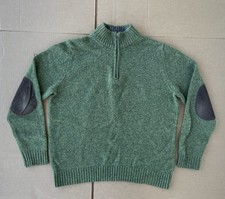 LL Bean Men  s M 1/4 Zip Wool Shetland Suede Elbow Patch Green Sweater