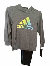 adidas Kids' Logo Hooded Tee  Track Pants Set in Charcoal Grey Size 4 New