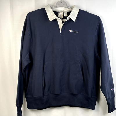 NEW Champion Reverse Weave Men's Rugby Shirt L Large Warm Up Sports Navy Logo