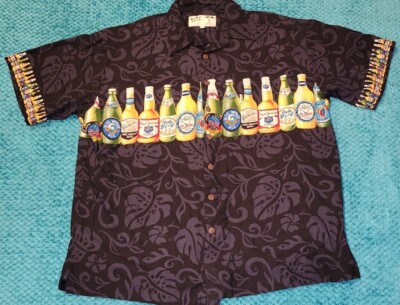 Hawaiian Beer Shirt Black XL Hawaiian Palm Leafs & Beer Bottles Koko Island 