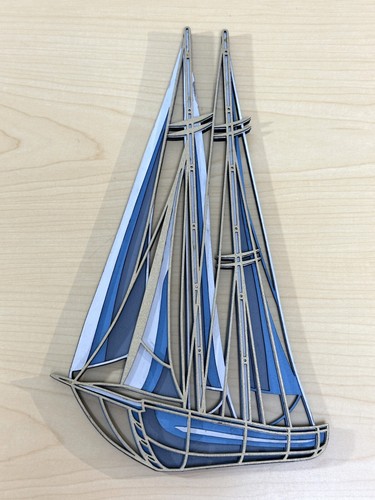 3D Lazer Cut Wooden Sailboat Wall or Shelf Art - 4 Layers Blue, Gray & Gold - Picture 5 of 11