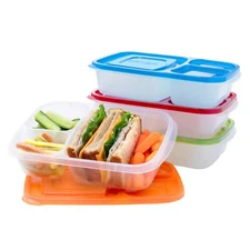4 Pack 3 Compartment Reusable Lunch Containers with Lids for Meal Prep
