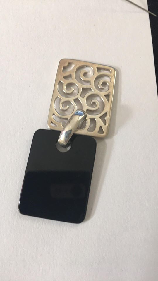  STERLING SILVER RECTANGULAR ONYX PENDANT OPENWORK SWIRLS & CIRCLES FOR OMEGA image 2