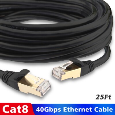 50ft CAT8 Ethernet Cable - Flat Black Network LAN Cable For Gaming, WiFi Extenders