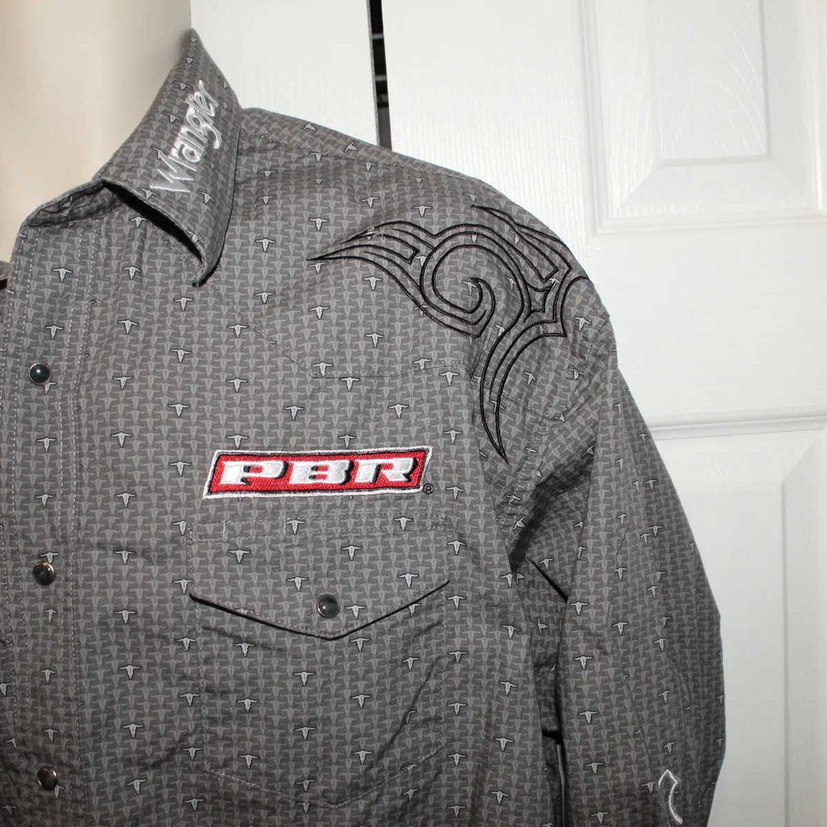 Wrangler Mens PBR Pro Bull Riding Grey Longhorn Embroidered Long Sleeve  Shirt XL