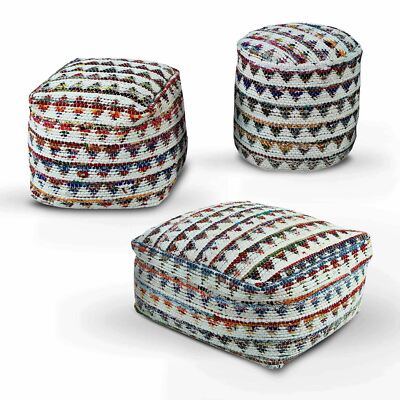 Handgefertigter Pouf Ottoman mehrfarbig rund und Würfel Chindi Pouf Sitzsack