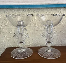Stunning Glass Candlestick Holders with Large Bobeche Drip Catchers 8 1/2" Tall