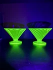 Vintage  federal Green Vaseline uranium Glass Swirl Pressed Dessert Bowls Pair
