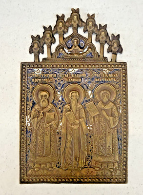 Old Bronze Icon Basilius the Great, John Chrysostom, Gregor Theologian