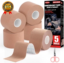 5 Rolls Tape 2 Inch X 16.4 Feet Waterproof Athletic Tape Uncut Kinetic Tape Musc