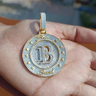 2.50 CT Round Real Moissanite Men's Circle Letter Pendant 14K Yellow Gold Plated