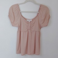 NWT Pink Rose Babydoll Top Sz M Puff Sleeves Buttons Coquette Fairy Y2k Stretchy