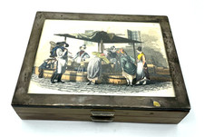 Antik Wiener Holzschatulle Deckeldose 800 Silber Montur col. Litho 20,5 x15,7 cm