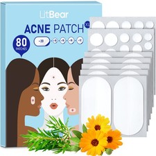 LitBear Large Acne Pimple Patches, 5 Sizes 80 Count Pack of 1 , Transparent