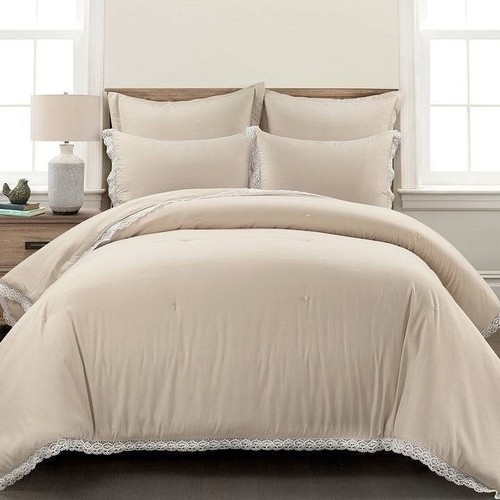 Full/Queen French Country Beige 5-Piece Lightweight Comforter Set w/ Lace Trim - Picture 2 of 3