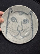 Studio Pottery Plate With Happy Cat Face Artist Signed Trinket Dish Plate Wall