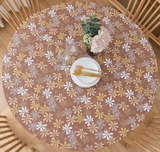 Round Vinyl Fitted Tablecloth with Flannel Backing Elastic Table Cloth Waterproo
