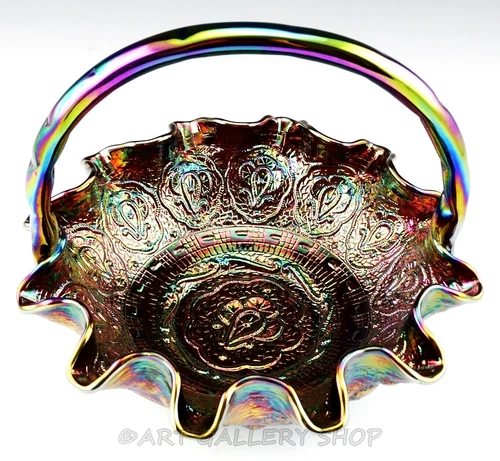Vintage Fenton AMETHYST CARNIVAL ART GLASS PERSIAN MADALLION 8" BASKET W/ HANDLE