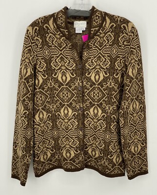 Cherry Lewis Preowned Womens Brown Pattern Button Down Sweater Size Large