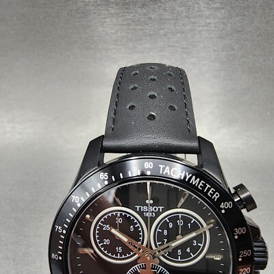 Tissot V8 Chronograph Watch Men 43mm Black Dial Gold Black Leather