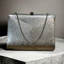 Vintage Silver Metallic Evening Bag Clutch Purse Silver-tone Chain