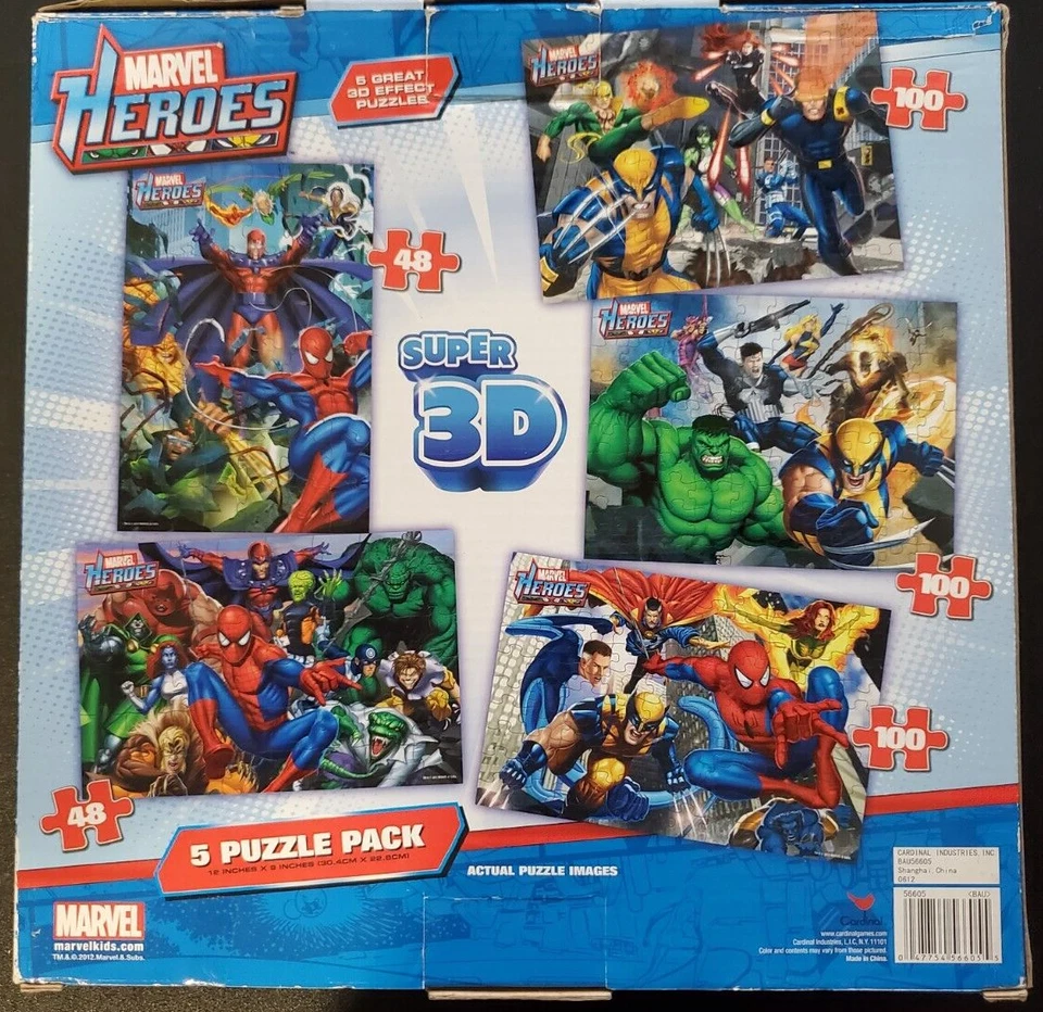 Marvel Heroes Super 3D 5 Puzzle Pack, Spiderman, Avengers, XMen, Hulk + Completo Foto 2 de 4
