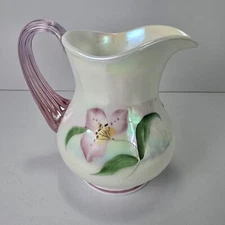 Fenton Iridescent Glass Pitcher Floral Pink Chiffon Ribbed Handle QVC Lynn 