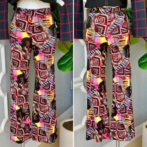 Eye Candy High Rise Graphic Pattern Slit Leg Flared Pants Women's Large NEW - Picture 1 of 11