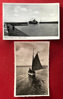 2 x Postcard Baltic Sea resort Stolpmünde 1938 port entrance with ship and sailboat (95369