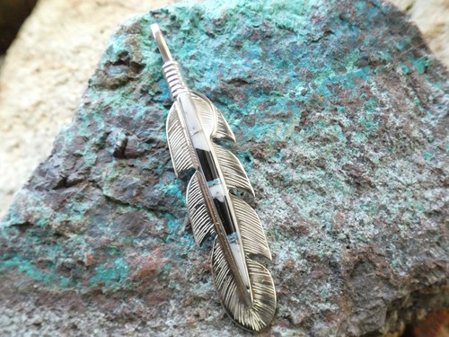 Buffalo Turquoise Handmade Feather Sterling Silver Gemstone Pendant XL Size AN4 - Picture 6 of 9
