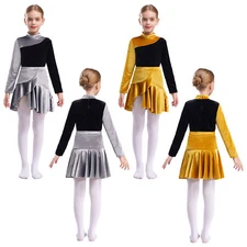 Girls Set Dance Dancewear Velvet Outfit Color Block Bodysuit And Miniskirt Solo