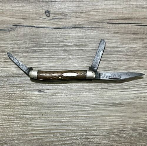VINTAGE 1940-64 CASE XX USA STOCKMAN KNIFE TAN SCROLL 3 BLADE KNIFE MODEL UNKOWN
