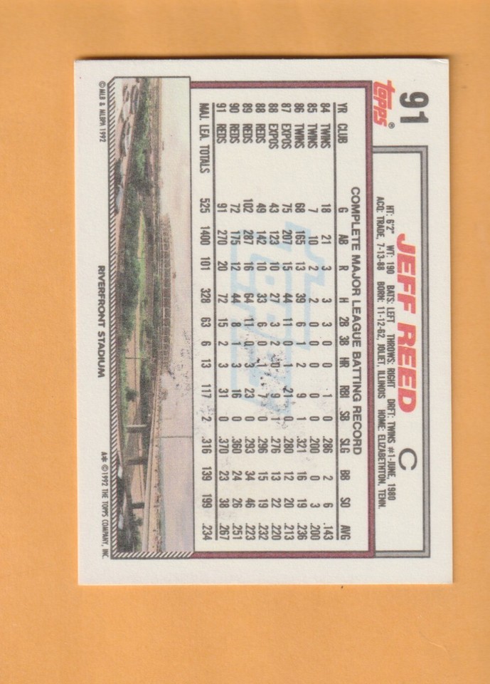 Jeff Reed Cincinnati Reds AUTO Signed 1992 Topps Joliet Illinois 2D | eBay