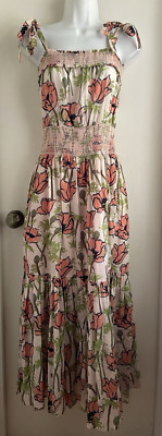 Tory Burch Pink Floral Print Smocked Cotton Midi Sun Dress Size XS