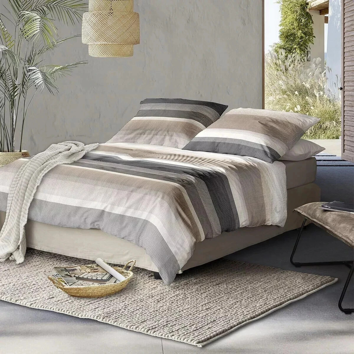 Irisette Mako Satin Bettwäsche Wave 8595-80 Natur Streifen 135 x 200 cm