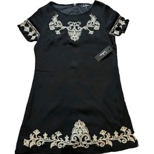 Lulus Tale to Tell Black Beige Embroidered Shift Dress Size Small NWT Zip