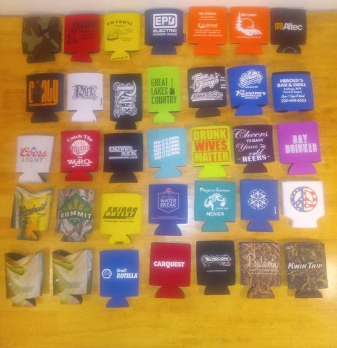 Lot of 76 Can Koozie Drink Holder Brand Logos Soda Beer Camo Hunt Fish Humor  