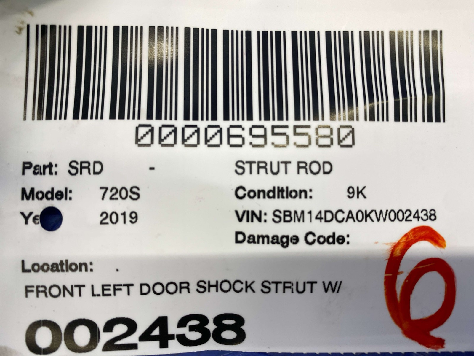 2018-2023 MCLAREN 720S FRONT LEFT DOOR SHOCK STRUT W/ COVER BOOT OEM