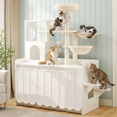 50.6'' Cat Tree with Litter Box Enclosure, Cat Tower with Sisal Scratching Post
