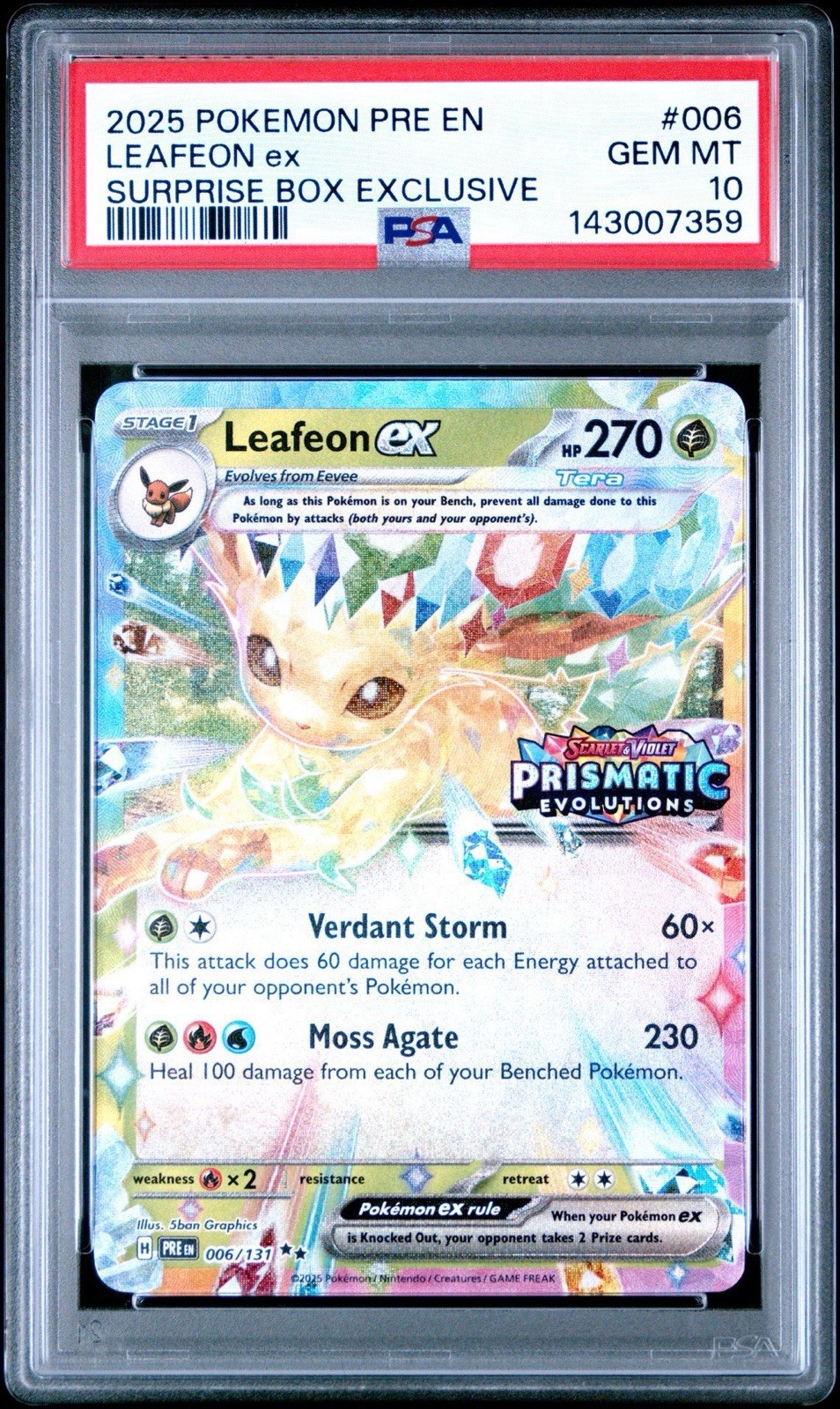 PSA 10 Leafeon ex 006 Stamped Prismatic Evolutions Surprise Box Pokemon Card